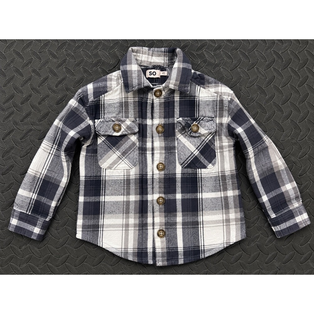 SO Goods For Life Boys Plaid Flannel Button Down Shirt Navy Grey White Size 7